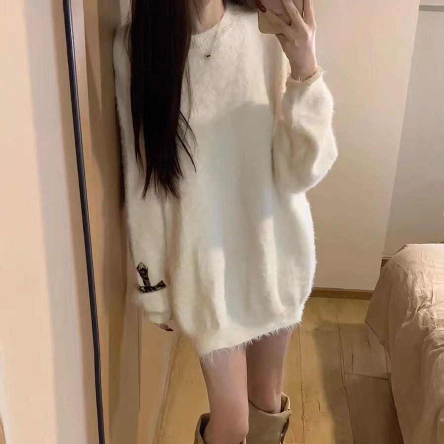 American style casual loose lazy fur coat imitating sable sweater leopard cross thickened mohair knitted sweater top 