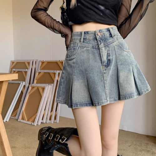 Trendy brand American retro denim short skirt for women high-waisted hot girl pleated skirt petite A-line skirt 2024 summer