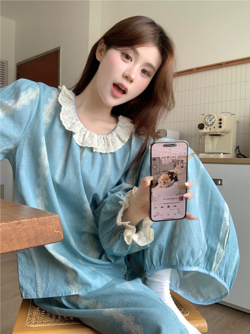 Photographed Korean-style sweet loose casual comfortable 100% cotton lantern pants autumn long-sleeved leisure home suit set