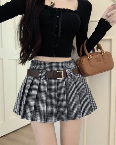 Real shot!  !  Hundred skirt retro plaid skirt hot girl a line high waist skirt