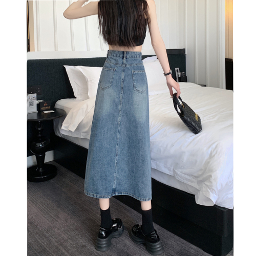 Slit retro denim skirt women's mid-length summer 2024 new high-waist slim A-line large size fat MM skirt