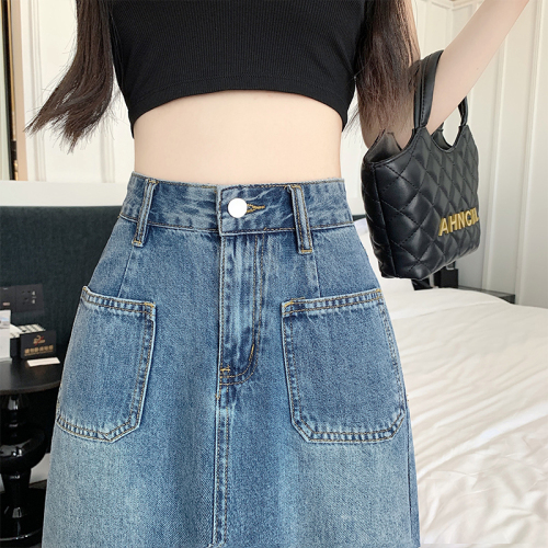 Slit retro denim skirt women's mid-length summer 2024 new high-waist slim A-line large size fat MM skirt