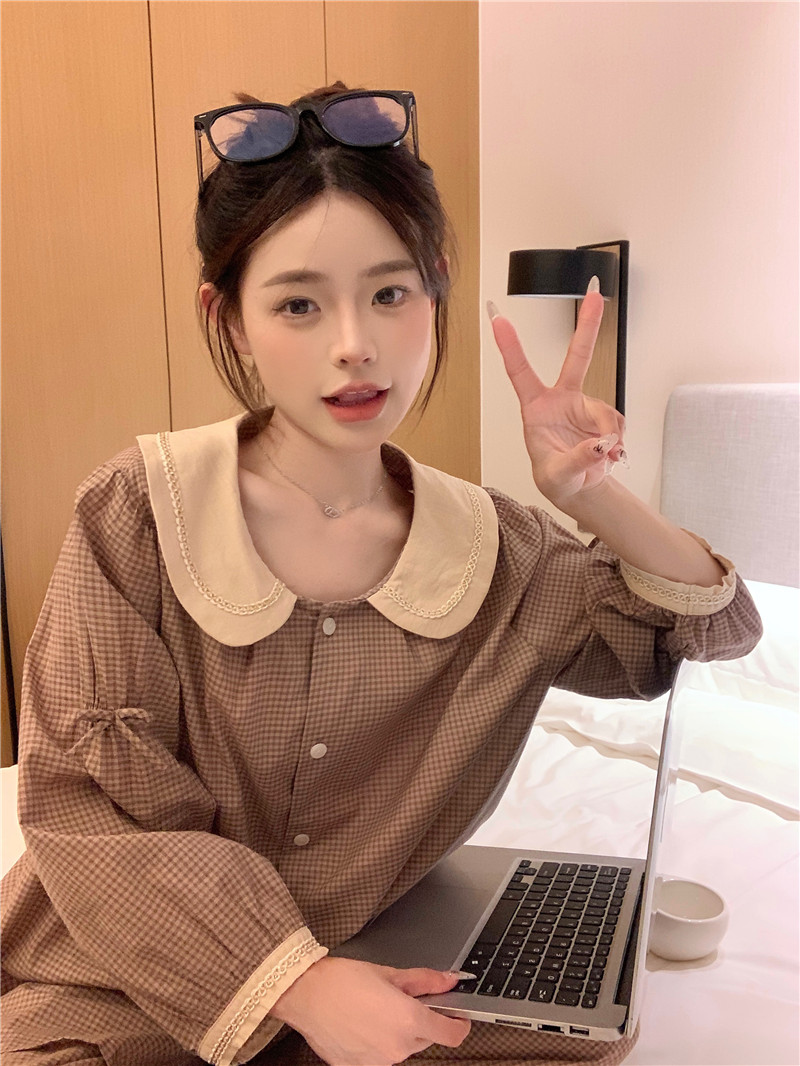 Photographed Korean-style minimalist loose and comfortable 100% cotton frill autumn outerwear casual plaid home wear set