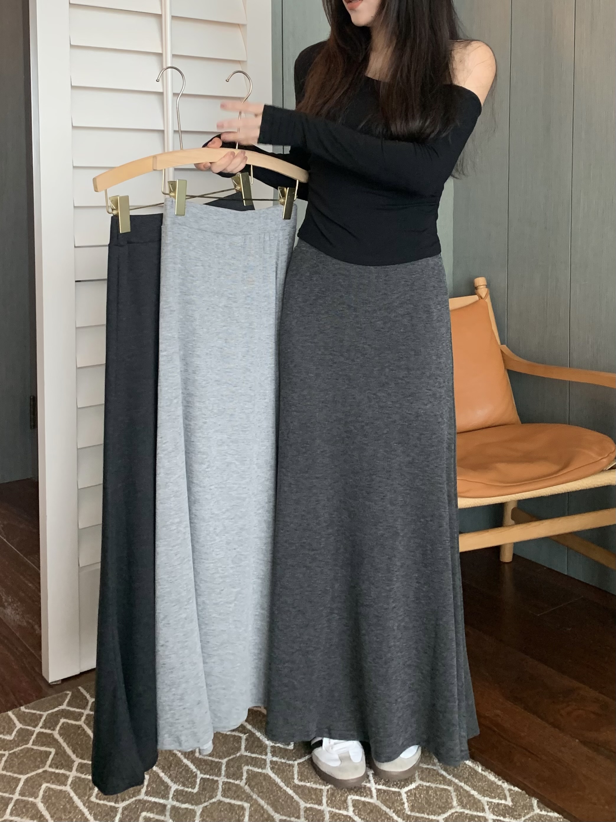Actual shot~Lazy long skirt, drapey skirt, versatile soft and waxy casual simple A-line skirt, fishtail skirt