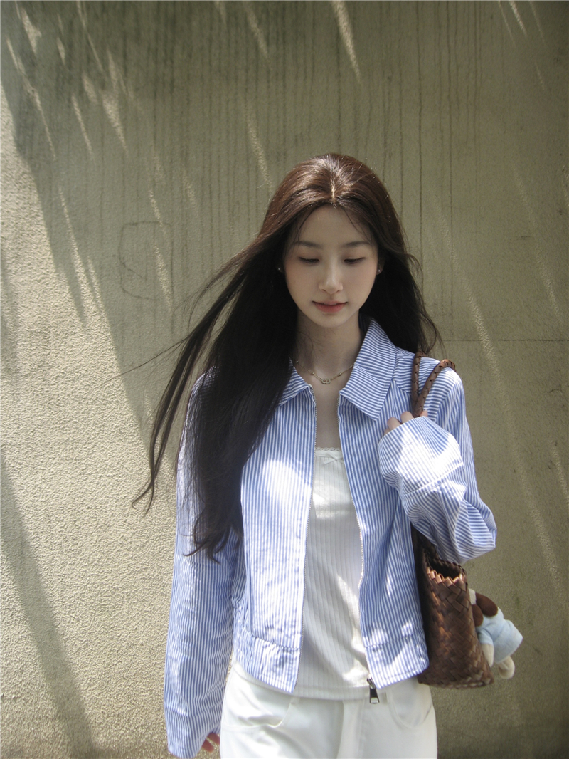 Real shot 2024 early autumn new short striped jacket blue casual short jacket for women