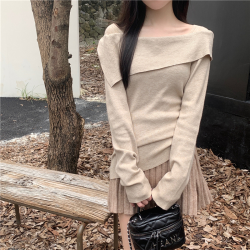 Actual shoot, one-shoulder knit base shirt for women, autumn outfit, irregular inner wear, long-sleeved top