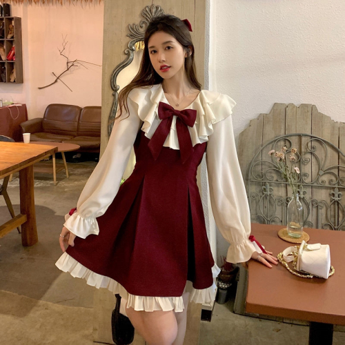 Belted red bow suspender skirt for women new cute and gentle temperament princess style sports dress