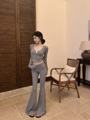 實拍 慵懶休閒辣妹三件套吊帶背心修身顯瘦開衫微喇叭長褲