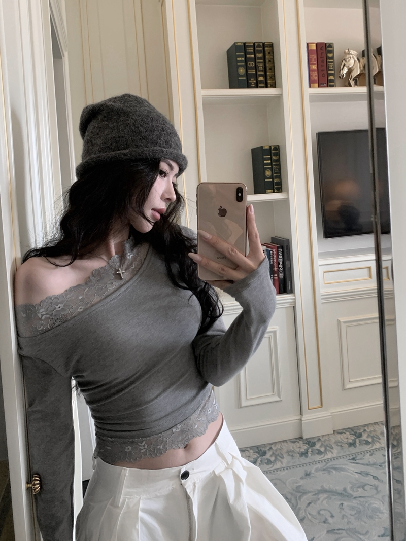Photographed Fall Sexy Spicy Girl Style Slanted Collar Splicing Lace Long Sleeve T-shirt Women Short Sleeve Off-the-shoulder Floral Edge Top