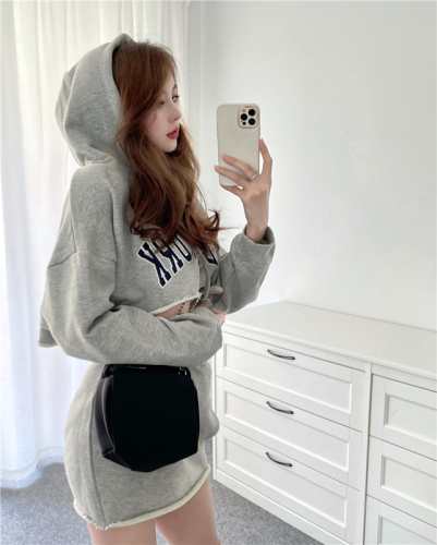 Actual shot ~ 2024 new autumn gray loose printed hooded lazy style slim sweatshirt for women