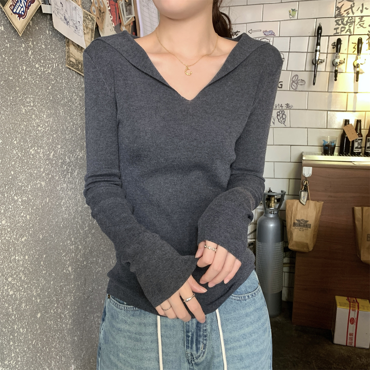 Actual shot of autumn and winter Korean style slim-fitting lapel, versatile, slimming 6 wool knitted long-sleeved bottoming shirt top