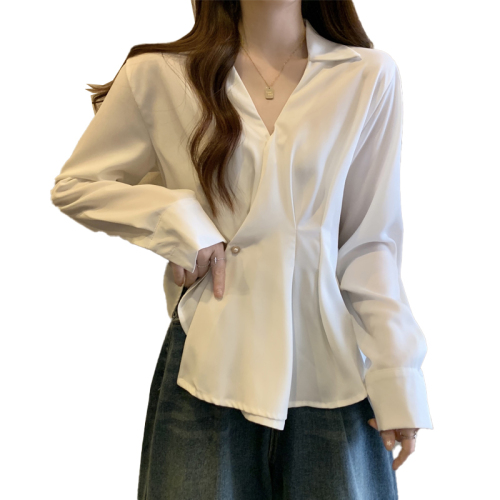 Actual shot of plus size women's clothing 2024 autumn new style French niche belly-covering Western-style slimming waist-style shirt for women