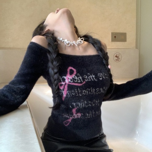 Real shot~Pure wild butterfly soft and waxy imitation mink fur sweater black and pink contrasting color sweet and cool top