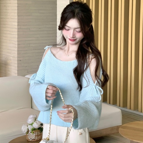 2024 new Korean style off-shoulder small fragrance soft wool mohair gentle daughter off-shoulder sweater