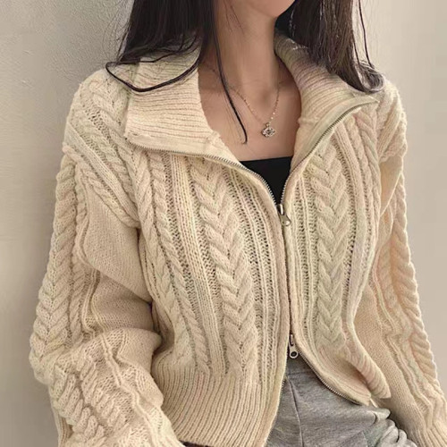 Korean version INS autumn and winter new style retro temperament student double zipper twist sweater jacket women's knitted cardigan