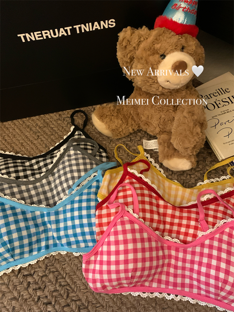 Real shot!  Japanese sweet lace plaid underwear women's small breast push-up bra without wire rings