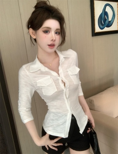 Real shot!  !  Sexy lapel long-sleeved early autumn slim-fit waist shirt with pure lusty temperament