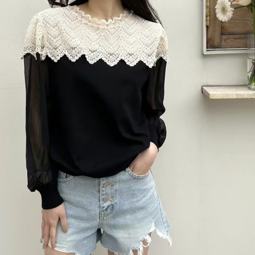 French lace splicing chiffon shirt for women with beaded design, spring lantern sleeve fashionable knitted top