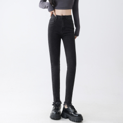 Women's Stretchy High-Waisted Tapered Smoked Grey Denim Jeans for Spring and Autumn, for Plus Size Girls and MMs, Slimming Skinny Nine-Inch Pencil Pants