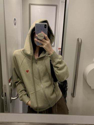 Actual shot~Early autumn casual love embroidered hooded versatile loose slim sweatshirt jacket for women