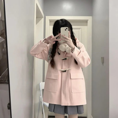 2024 Pink Hooded College Style Horn Button JK Coat for Women Autumn and Winter New Thick Woolen Coat for Small Women