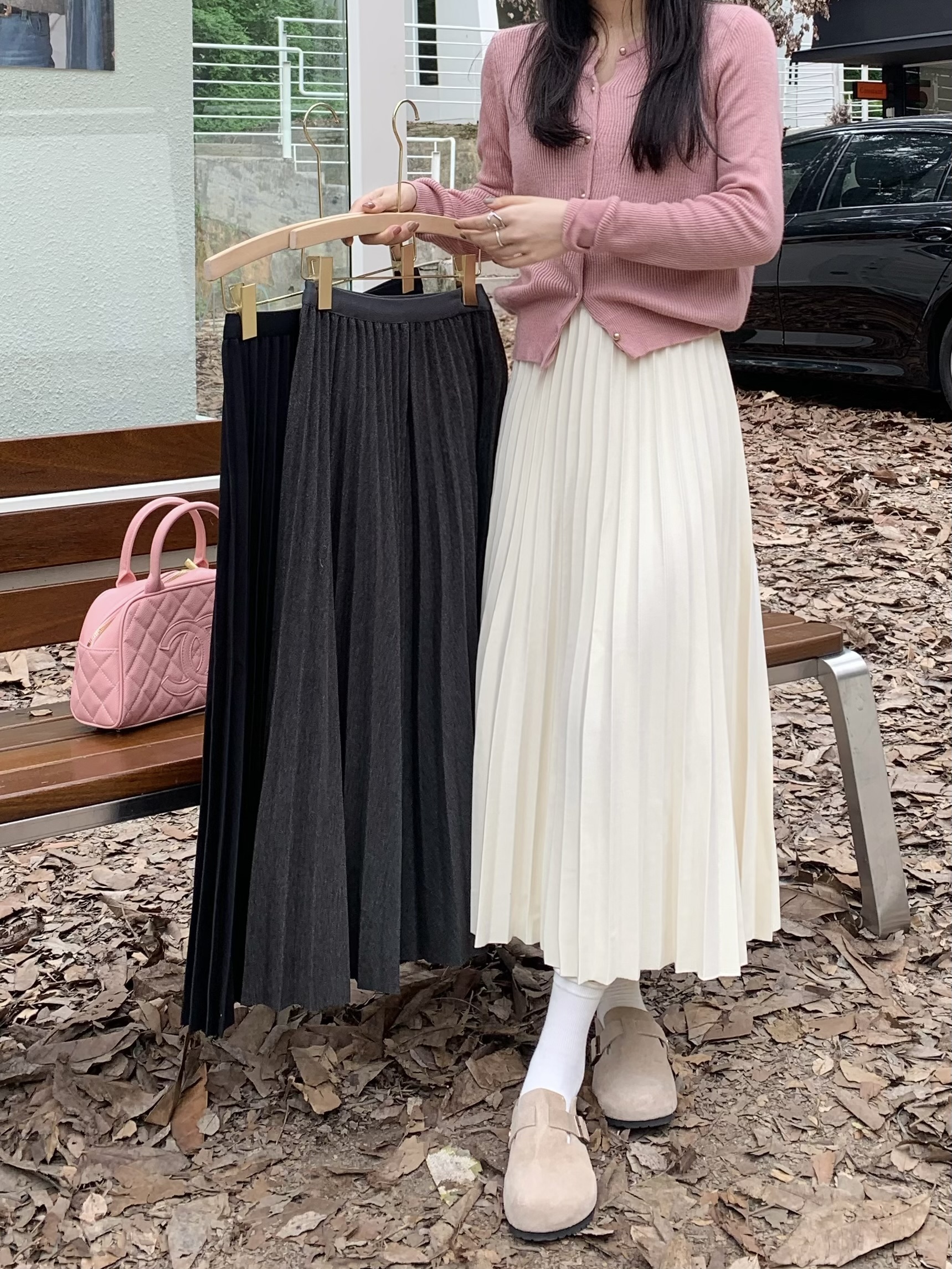 Photographed~ Thickened Material Elastic Waist Pleated Skirt Midi Skirt