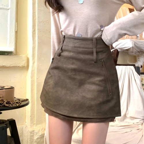 Real shot!  !  American brown skirt autumn high waist a line hot girl pu leather short skirt hip skirt