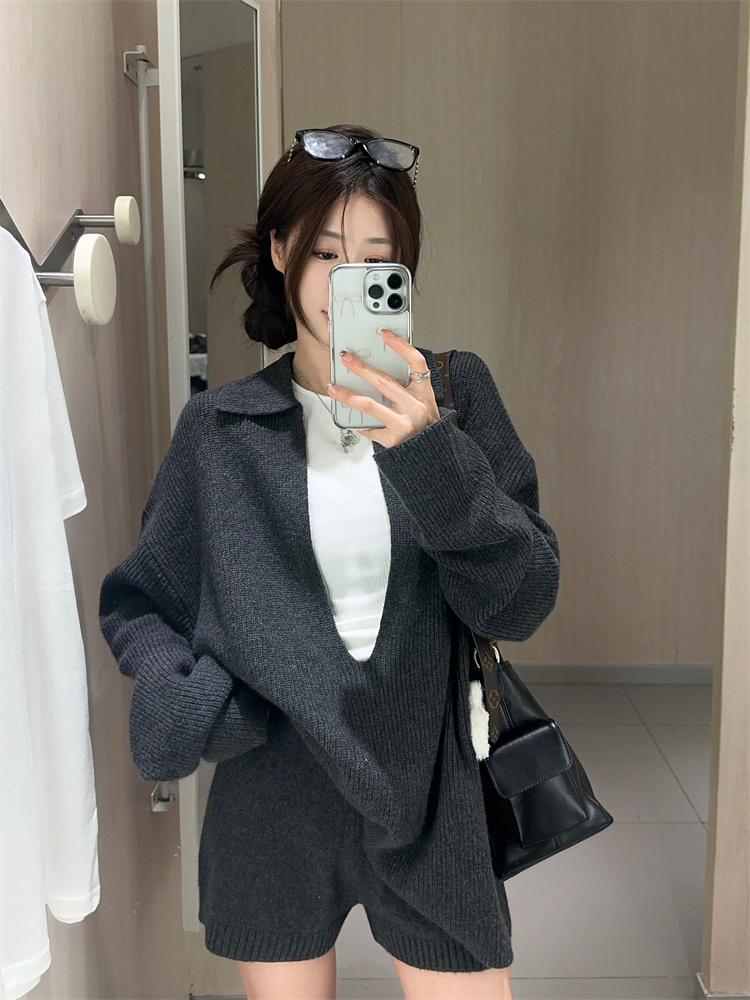 Real shot ~ Large size round neck pit strip stretch T-shirt large V neck pit strip sweater shorts casual suit for women in autumn