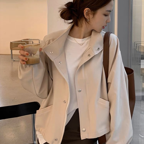 2024 New Spring and Autumn Thin Solid Color Short Jacket Feminine Lazy Style Loose Casual Stand Collar Jacket Top