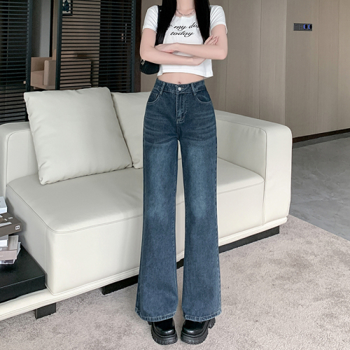 Actual shot~Designed blue washed straight jeans for women, new retro high-waisted wide-leg pants, trendy trousers