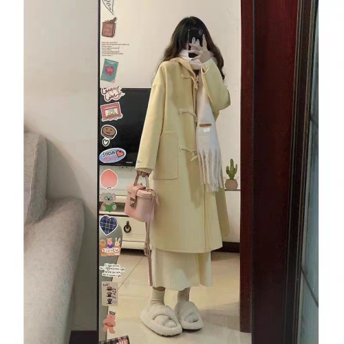 Horn button thickened woolen coat for women 2024 autumn and winter new style woolen coat Korean style small people are popular this year