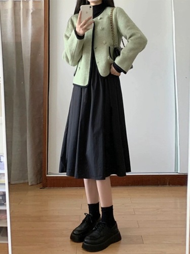 French style green small fragrant jacket for women in autumn and winter thickened woolen small high-end wool jacket