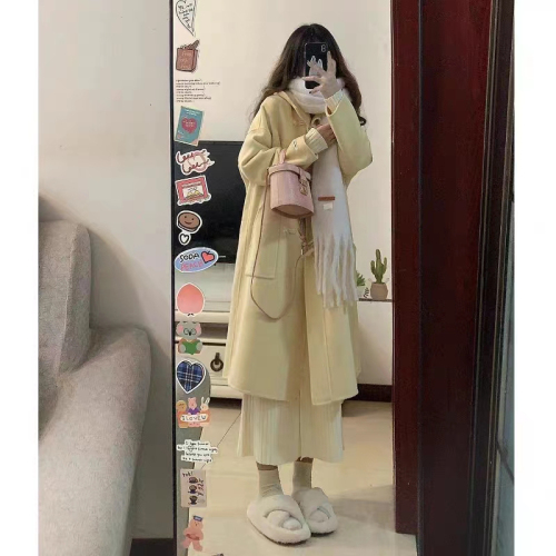 Horn button thickened woolen coat for women 2024 autumn and winter new style woolen coat Korean style small people are popular this year