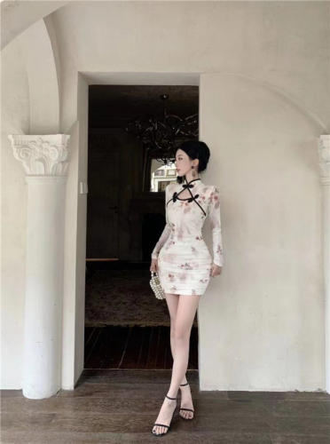 Modern Chinese style national wind print improved cheongsam short skirt for children summer pleated waist cinching slimming temperament long sleeve dress