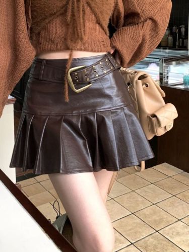 Real shots!!  Cool high-waisted pu leather pleated skirt with a slim design and a-line short skirt