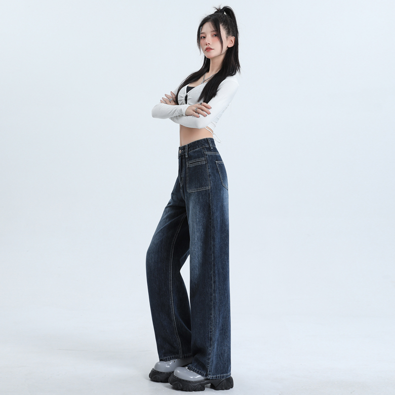 實拍 秋冬高腰直筒牛仔褲女2024新款小個子寬鬆垂感闊腿拖地褲