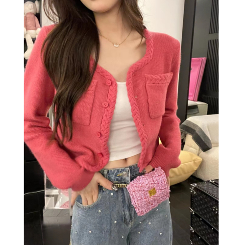 Korean style short-sleeved twist knitted cardigan with small fragrance design and long-sleeved pink knitted sweater