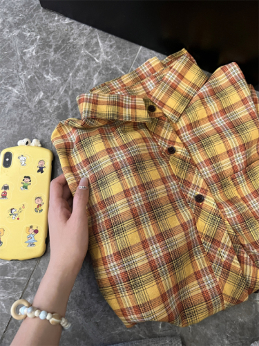 Real shot of American retro yellow plaid shirt for women 2024 autumn new loose long-sleeved versatile sun protection shirt