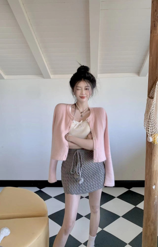 Actual shot~Pink cardigan sweater for women in autumn, versatile knitted jacket with lace for women, sweet suspenders in autumn