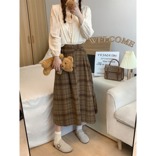 Retro woolen skirt women's mid-length spring and autumn 2024 new high-waisted slim a-line umbrella skirt autumn and winter plaid skirt