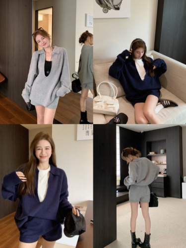 Actual shots of comfortable living, relaxed wool large V-neck pit strips, knitted sweaters, shorts, casual suits for women