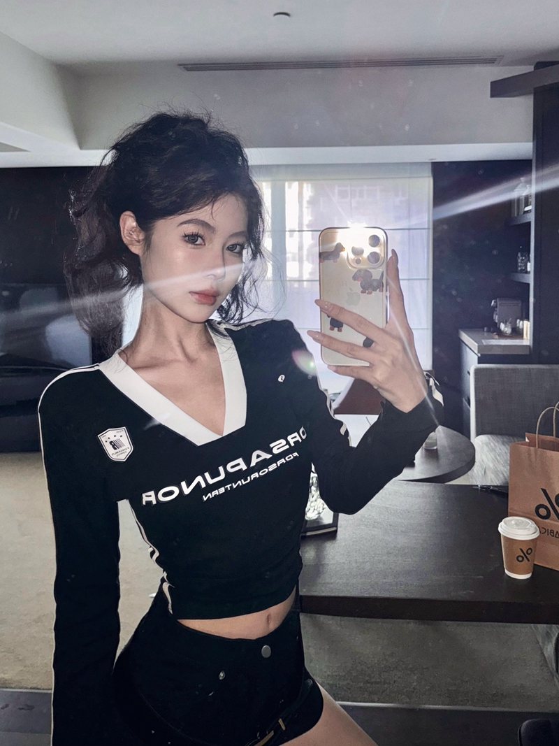 Photographed Autumn American Retro Spicy Letter V-Neck Color Block Slimming Short-Sleeve T-Shirt Bella Style Top