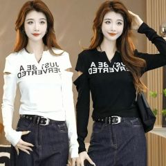 2024年秋冬新款字母破洞長袖T恤女修身顯瘦設計感洋氣打底衫上衣