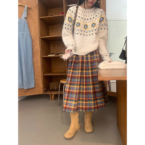 Xinbangbang homemade New Year rainbow color plaid skirt 2024 new style retro college style high waist mid-length style