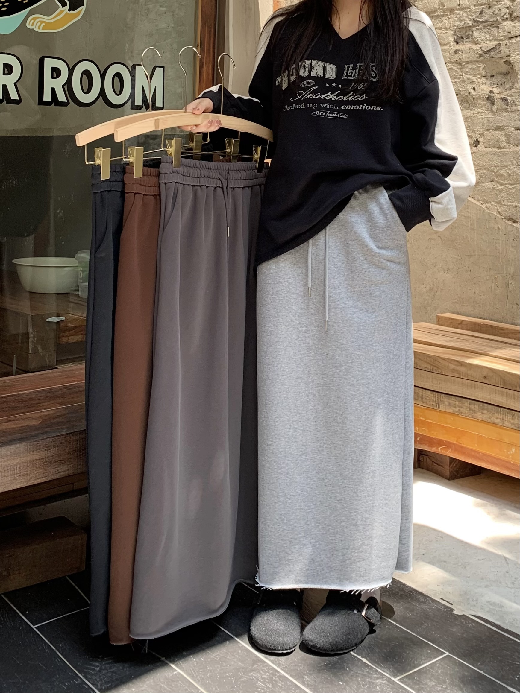 Actual shot ~ classic sweatshirt drawstring skirt H-shaped mid-length skirt sweatshirt dress