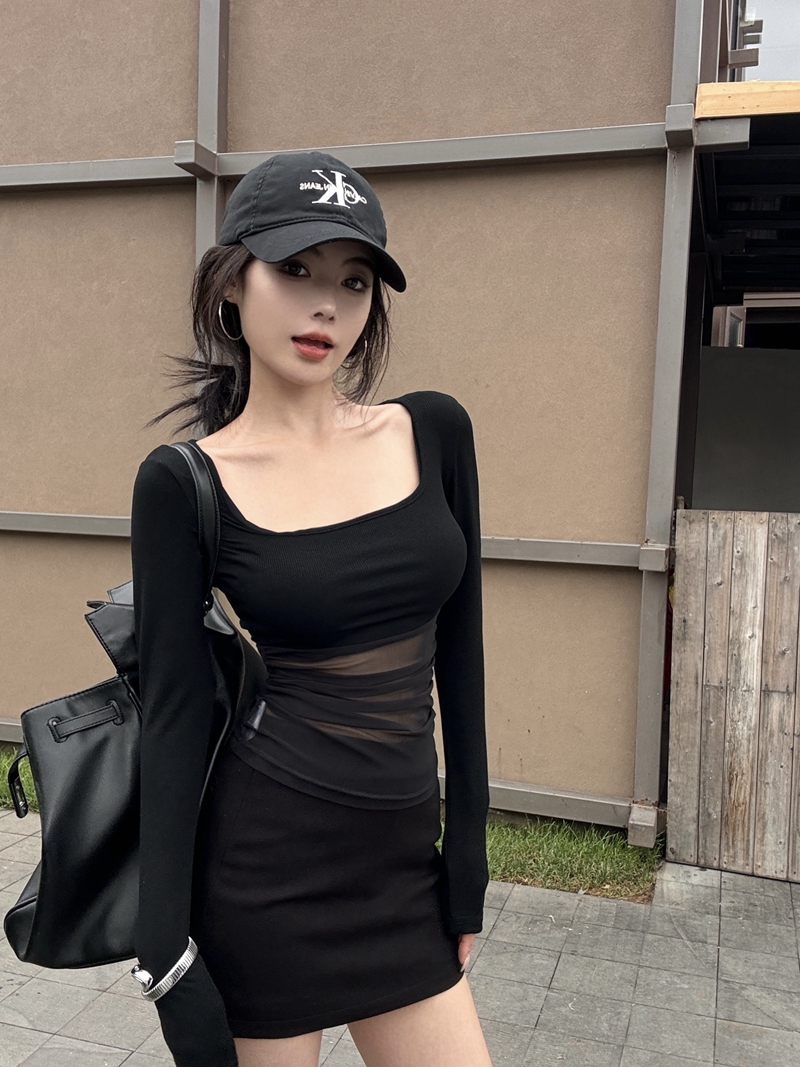 Photographed Autumn Pure Desire Sexy Spicy Sister Style Square Collar Slimming Discontinuous Net Sheer Long Sleeve T-shirt Base Top