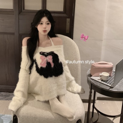 Actual shot ~ Lazy style mink-like cute cat V-neck loose sweater