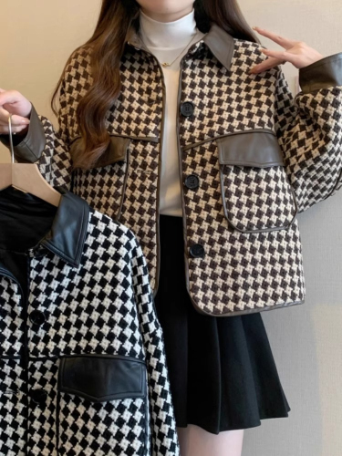 Women's houndstooth small fragrant style coat autumn new fat girl high-end fashion loose and slim short leather jacket