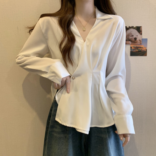 Actual shot of plus size women's clothing 2024 autumn new style French niche belly-covering Western-style slimming waist-style shirt for women