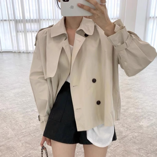 Korean chic autumn French niche lapel design double-breasted loose short long-sleeved workwear windbreaker jacket